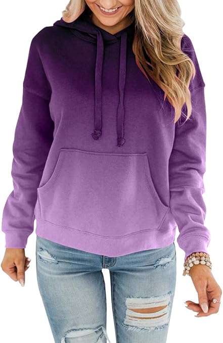 BeadChica Womens Casual Hoodies Crew Neck Long Sleeve Sweatshirts With Pocket Lightweight Pullover Tops-Gradient-M