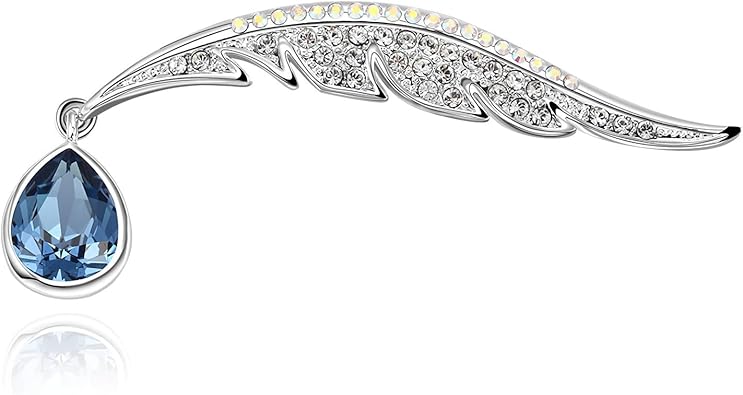 Crystals Brooch _ã–Blue Enchantress_ã� Platinum Plated Elegant Feather Fashion Pin Gift for Women Girls for Clothing Bag Decor - Qiaofulicheerfully (Blue-12)