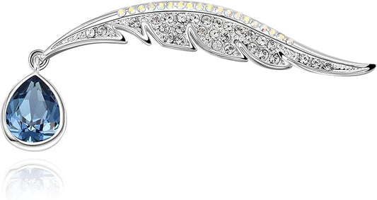 Crystals Brooch _ã–Blue Enchantress_ã� Platinum Plated Elegant Feather Fashion Pin Gift for Women Girls for Clothing Bag Decor - Qiaofulicheerfully (Blue-12)