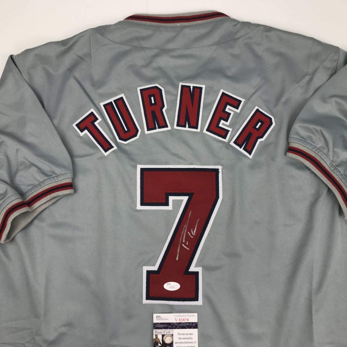 Autographed/Signed Trea Turner Washington Grey Baseball Jersey JSA COA