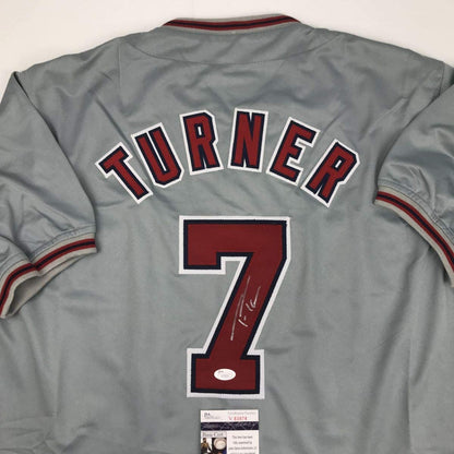 Autographed/Signed Trea Turner Washington Grey Baseball Jersey JSA COA