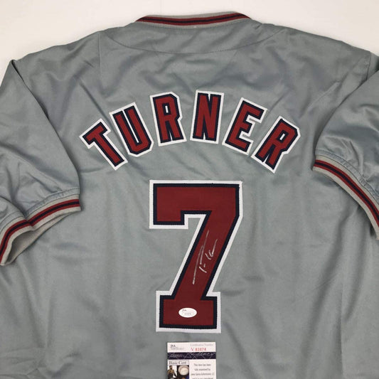 Autographed/Signed Trea Turner Washington Grey Baseball Jersey JSA COA