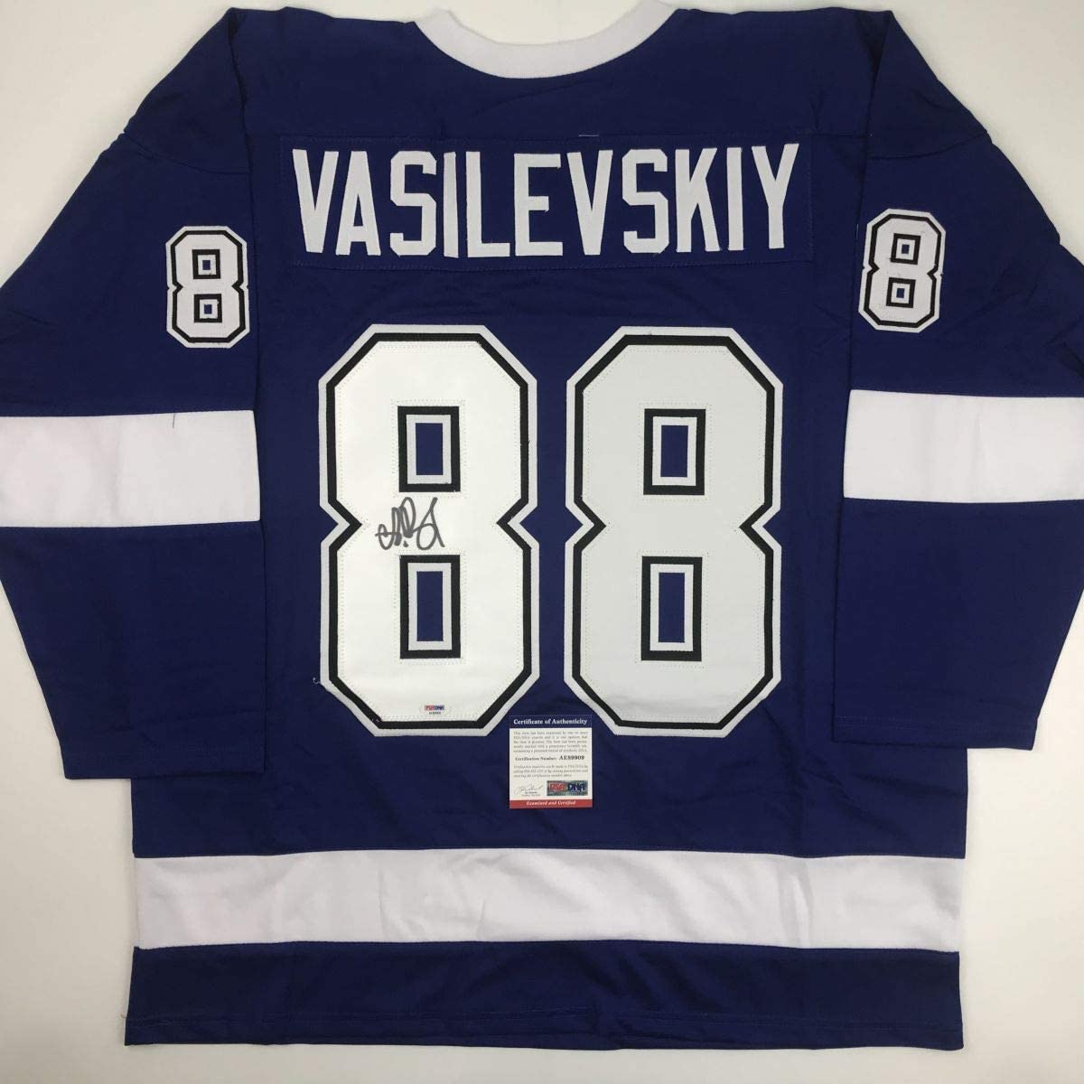 Autographed/Signed Andrei Vasilevskiy Tampa Bay Blue Hockey Jersey PSA/DNA COA