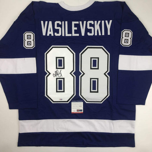 Autographed/Signed Andrei Vasilevskiy Tampa Bay Blue Hockey Jersey PSA/DNA COA