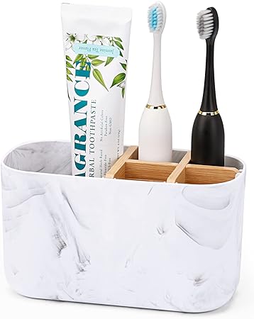 Toothbrush Holders for Bathrooms, 5 Slots Bamboo Toothbrush Holder Kids Electric Toothbrush Holder and Toothpaste Holder for Bathroom Countertop Accessories Storage, Marble Toothbrush Organizer