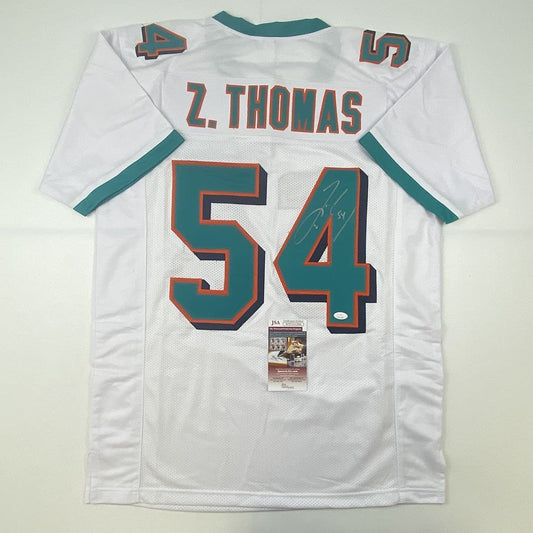 Autographed/Signed Zach Thomas Miami White Football Jersey JSA COA