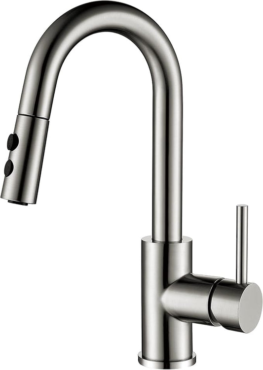 Bar Faucet with Pull Out Sprayer Single Hole, JXMMP Single Handle Stainless Steel Brushed Nickel Bar Sink Faucets with Sprayer, Modern Small Kitchen Sink Faucet with cUPC Supply Hose