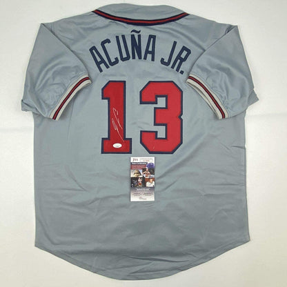 Autographed/Signed Ronald Acuna Jr. Atlanta Grey Baseball Jersey JSA COA