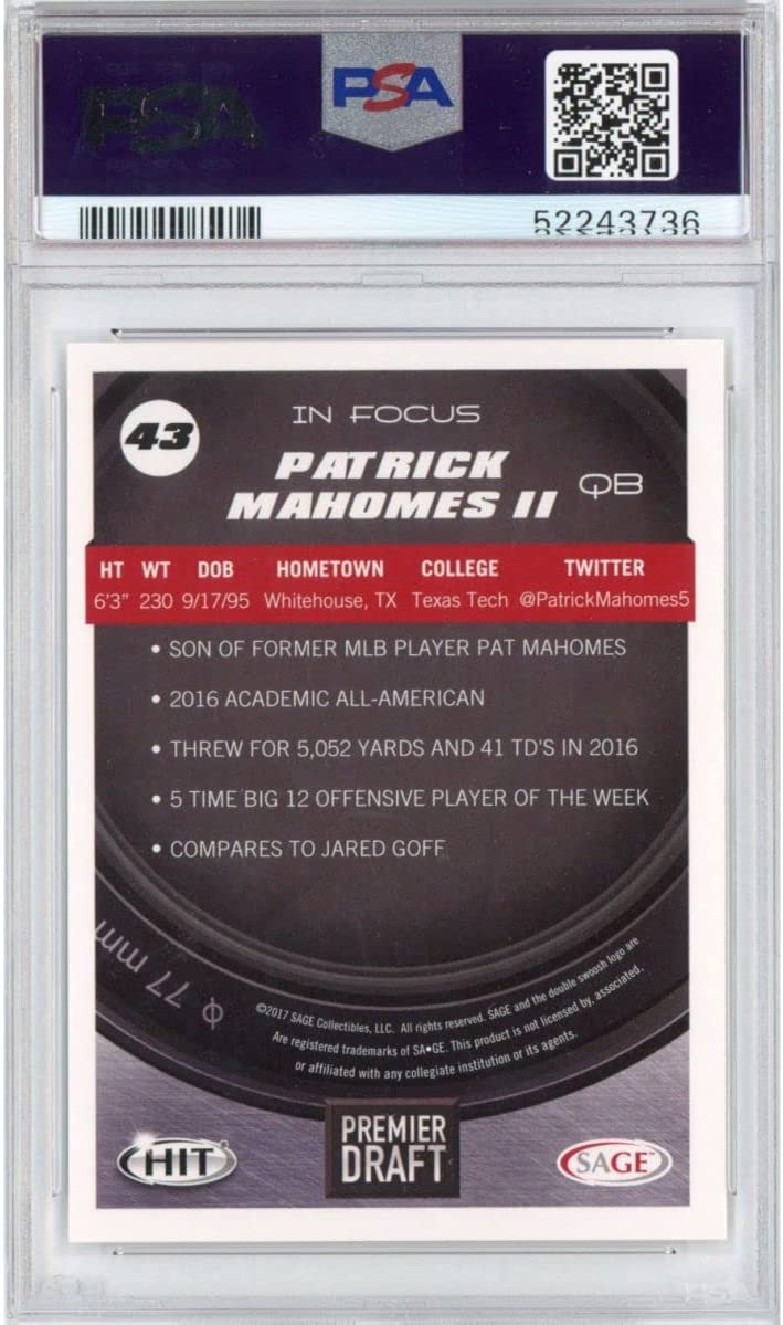 Graded 2017 Sage SA-GE Hit Premier Draft Patrick Mahomes II #43 In Focus Rookie RC Football Card PSA 10 Gem Mint