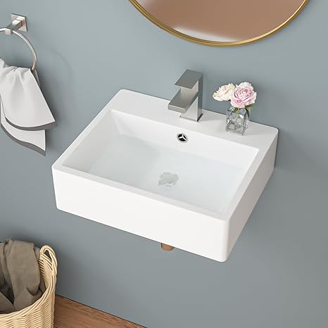 Sarlai Floating Vessel Sink Rectangular - 21 Inch Vessel Sink Wall Mounted Bathroom Sink Modern Rectangle Floating White Porcelain Ceramic Sink Vanity Sinks Basin