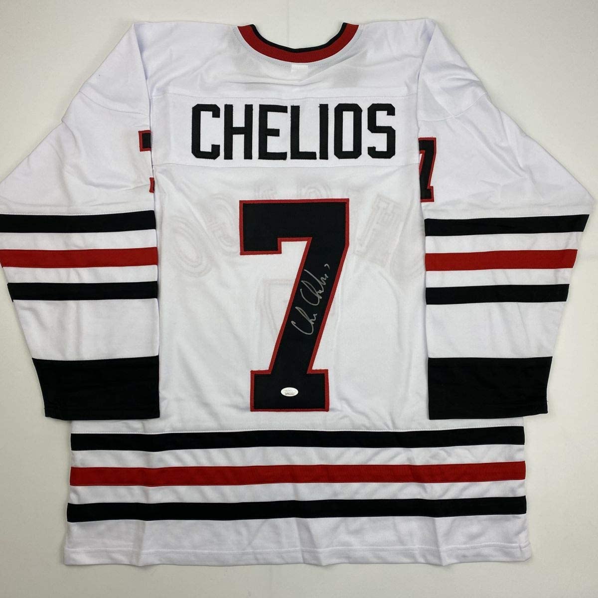 Autographed/Signed Chris Chelios Chicago White Hockey Jersey JSA COA