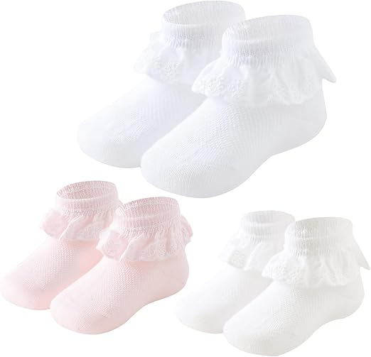 Baby Girls Socks Eyelet Ruffle Lace Frilly Dress Socks for Newborn Infant Toddler 3/6 Pairs