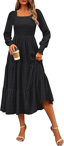 CFLONGE Women's Fall Dresses 2024 Puff Long Sleeve Square Neck Dress High Waist Smocked A-Line Flowy Wedding Party Maxi Dress