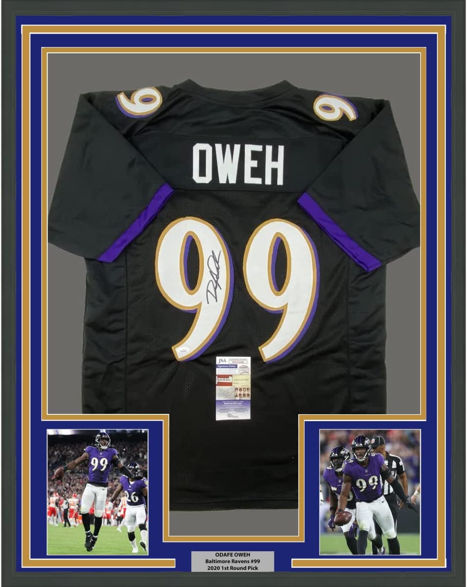 Framed Autographed/Signed Odafe Oweh 35x39 Baltimore Black Football Jersey JSA COA