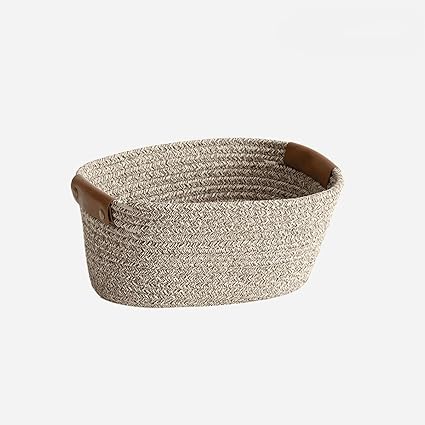 Medium Cotton Woven Basket with PU Leather Handle, Baby Kids Clothes Toys Candy Gifts Cotton Rope Organizer, Living Room Basket Bathroom Shower Storage Laundry Basket, Dog Cat Bed, Cute Decor, Coffee