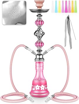21'' Hookah Set 2 Hose Hookah Set With Everything Include Glass Base, Hookah Hose, Ceramic Bowl, Coal Tong, Hookah Foil, Disposable Hookah Tips (Pink)