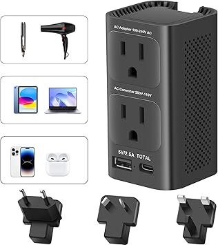 220V to 110V Voltage Converter US to Europe Travel Plug Adapter International Universal Travel Adapter with 1 USB A and 1 USB C, Power Converter Adapter Combo