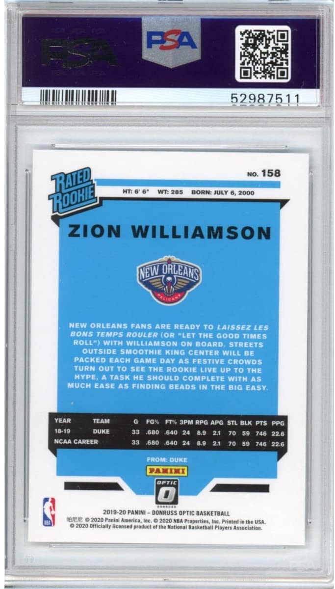Graded 2019-20 Panini Donruss Optic Zion Williamson #158 Rookie RC Basketball Card PSA 10 Gem Mint