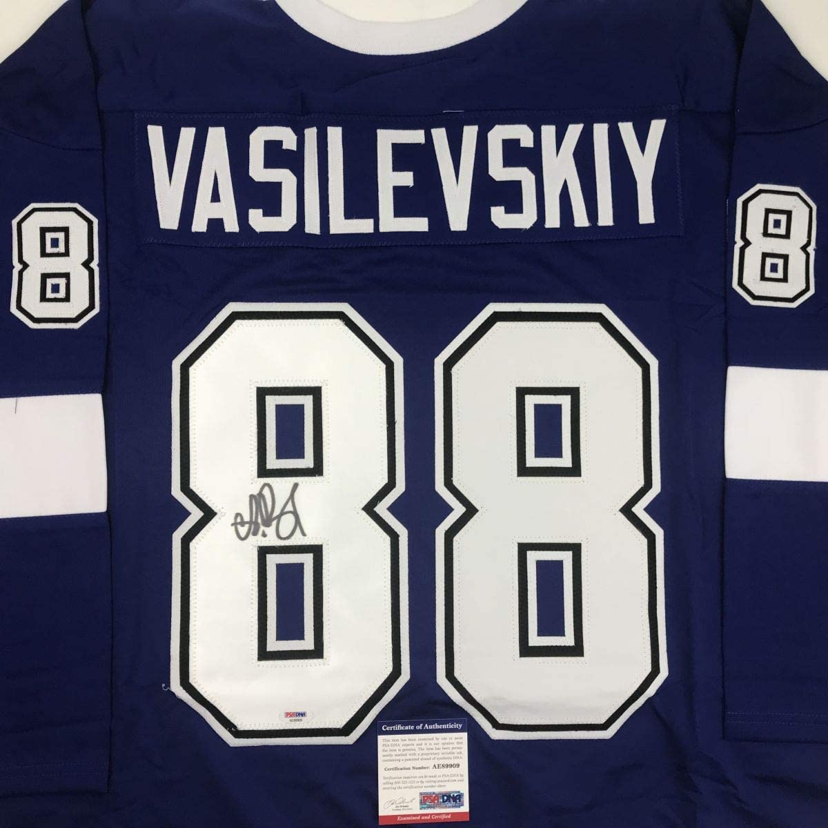 Autographed/Signed Andrei Vasilevskiy Tampa Bay Blue Hockey Jersey PSA/DNA COA