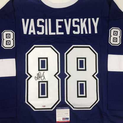 Autographed/Signed Andrei Vasilevskiy Tampa Bay Blue Hockey Jersey PSA/DNA COA