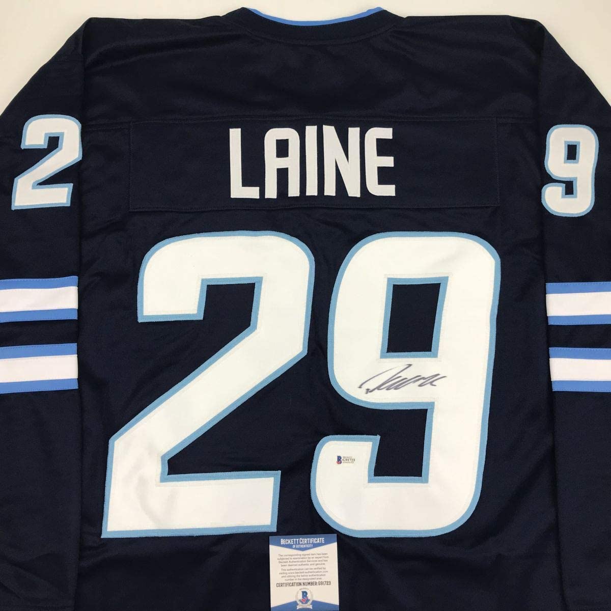 Autographed/Signed Patrik Laine Winnipeg Blue Hockey Jersey Beckett BAS COA