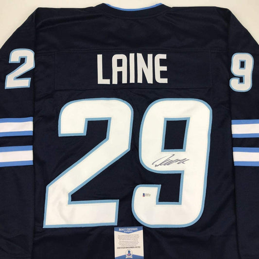 Autographed/Signed Patrik Laine Winnipeg Blue Hockey Jersey Beckett BAS COA