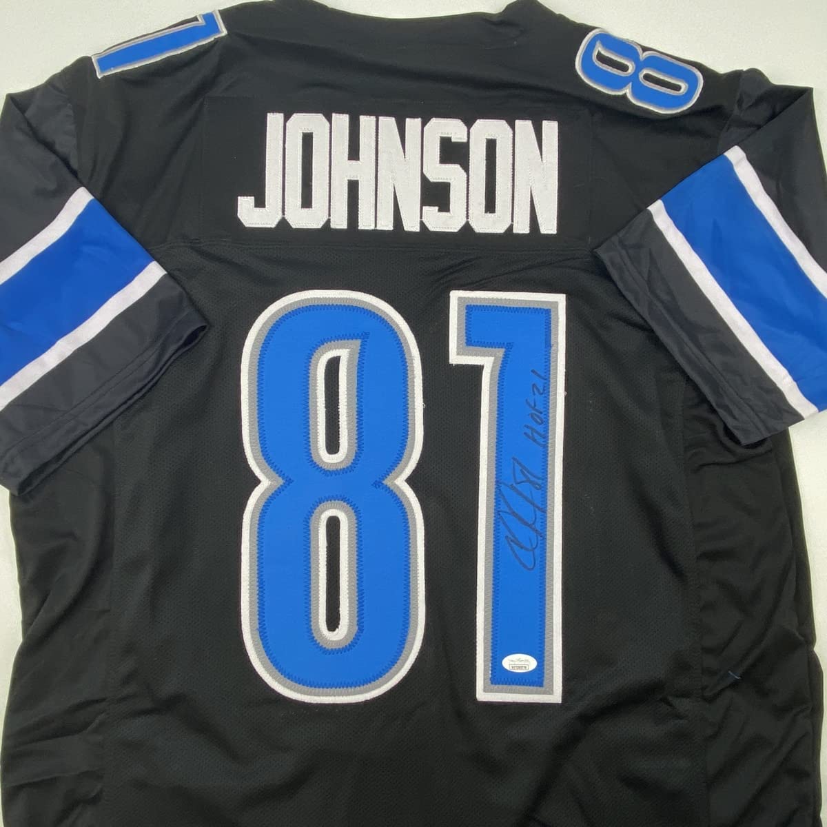 Autographed/Signed Calvin Johnson HOF 21 Detroit Black Football Jersey JSA COA