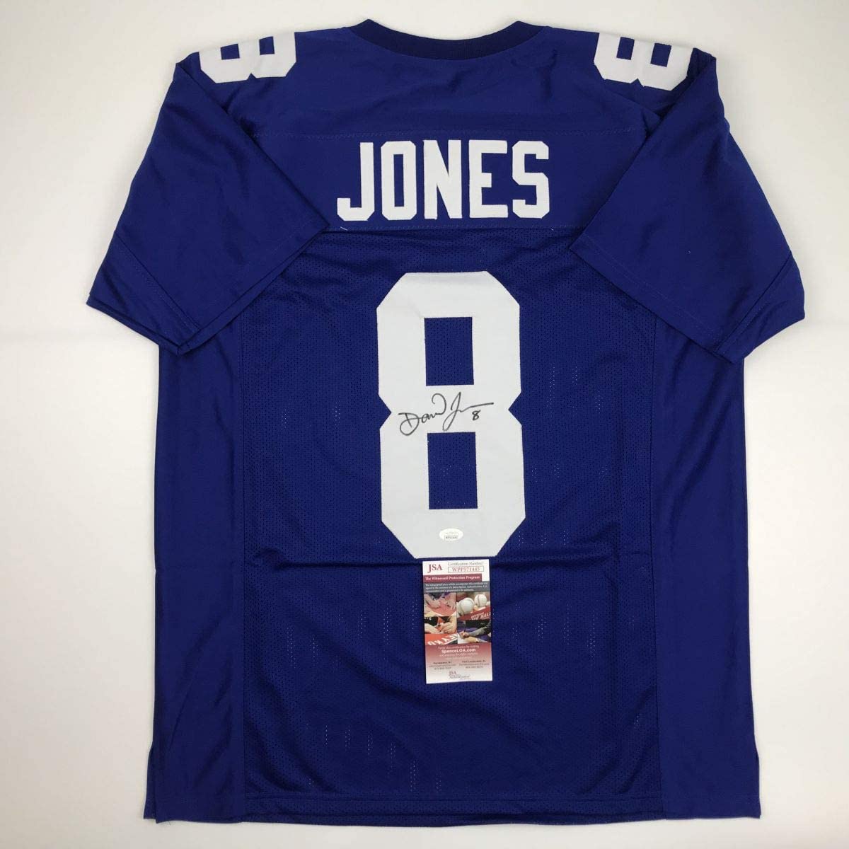 Autographed/Signed Daniel Jones New York Blue Football Jersey JSA COA