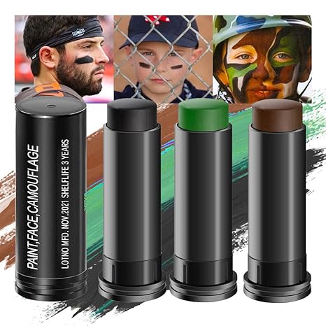 Kaely 3Pcs Face Paint Stick, Eye Black Baseball Football Softball Eye Black Stick for Outdoor Sports, Black Brown Green Camo Face Body Paint Kit, Easy to Color, Halloween Birthday Party Clown Makeup Sets