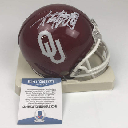 Autographed/Signed Adrian Peterson Oklahoma Sooners Mini College Football Helmet Beckett BAS COA