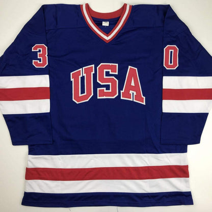 Autographed/Signed Jim Craig Blue Team USA Miracle On Ice 1980 Olympics Hockey Jersey JSA COA
