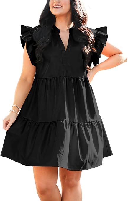 Fisoew Plus Size Dresses for Women Summer Ruffle Short Sleeve V Neck Dress Tiered Swing A Line Babydoll Mini Dress