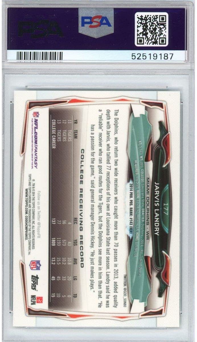 Graded 2014 Topps Chrome Jarvis Landry #177 Running Rookie RC Football Card PSA 10 Gem Mint