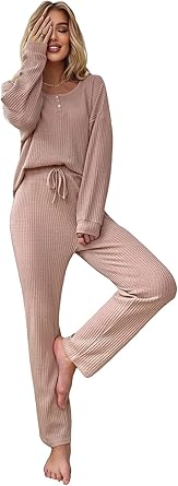 WDIRARA Women's 2 Piece Waffle Knit Button Down Long Sleeve Top and Pants Pj Lounge Set