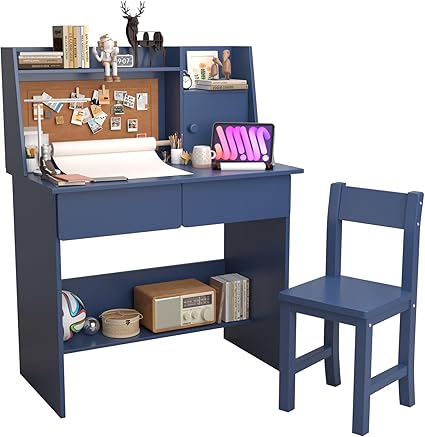 Blue Kids Desk and Chair Set for 5-12 Year Old, Childrens Drawing Desk with Wooden Tabletop Paper Roll Dispenser, Kids Study Table with Drawers and Storage Shelf-uD35