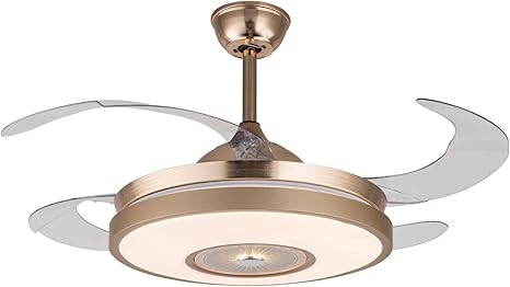 YIYIBYUS Modern 42" Fan Chandelier Invisible 4 Retractable Blade LED Ceiling Fan with Remote Control 3 Color 3 Speed Luxury Chandelier (Gold)