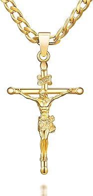 18K Gold over S925 Crucifix Necklace for Men with Rope/Cuban Chain, Catholic Jesus Cross Pendant, Men's Religious Gift for Easter Christmas