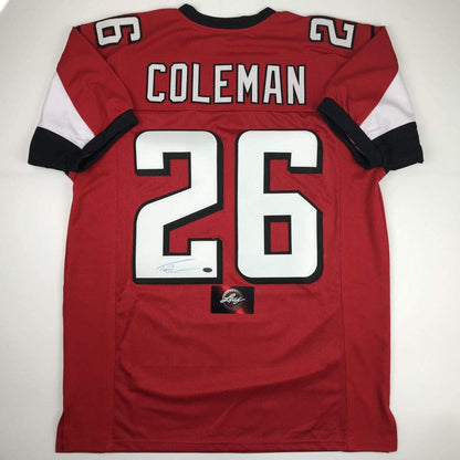 Autographed/Signed Tevin Coleman Atlanta Red Football Jersey Leaf Authentics COA