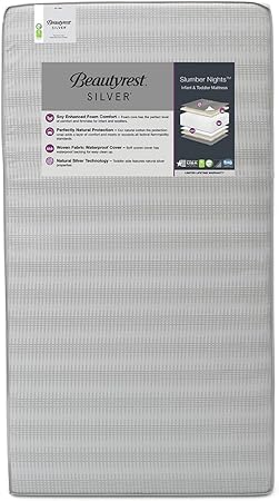 Beautyrest Silver Slumber Nights Dual Sided 2-Stage Crib Mattress and Toddler Mattress - GREENGUARD Gold _†_ Waterproof - Plant Based Soy Foam Core, Grey