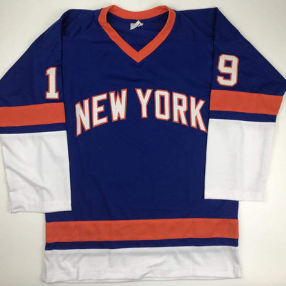 Autographed/Signed Bryan Trottier HOF 97 New York Blue Hockey Jersey JSA COA