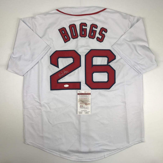 Autographed/Signed Wade Boggs Boston White Baseball Jersey JSA COA