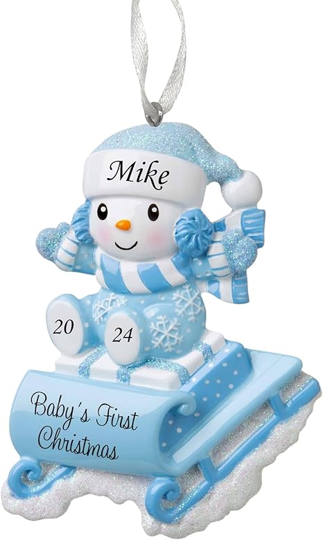 2024 Personalized Ornament Baby's First Christmas Baby Boy Snowbaby on Sled Christmas Tree Ornament Artisanal Customized Glittered Decoration Baby Ornaments-Free Personalization