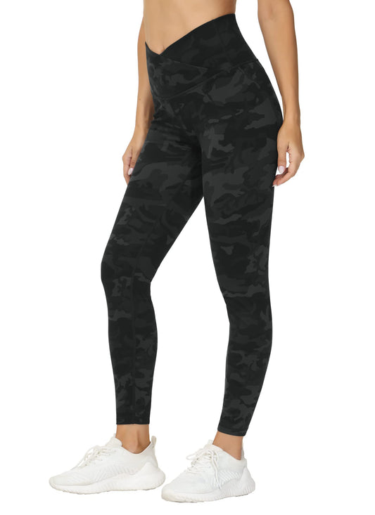 Women's V Cross Waist Yoga Leggings High Waisted Tummy Control Workout Running Pants Black Camo