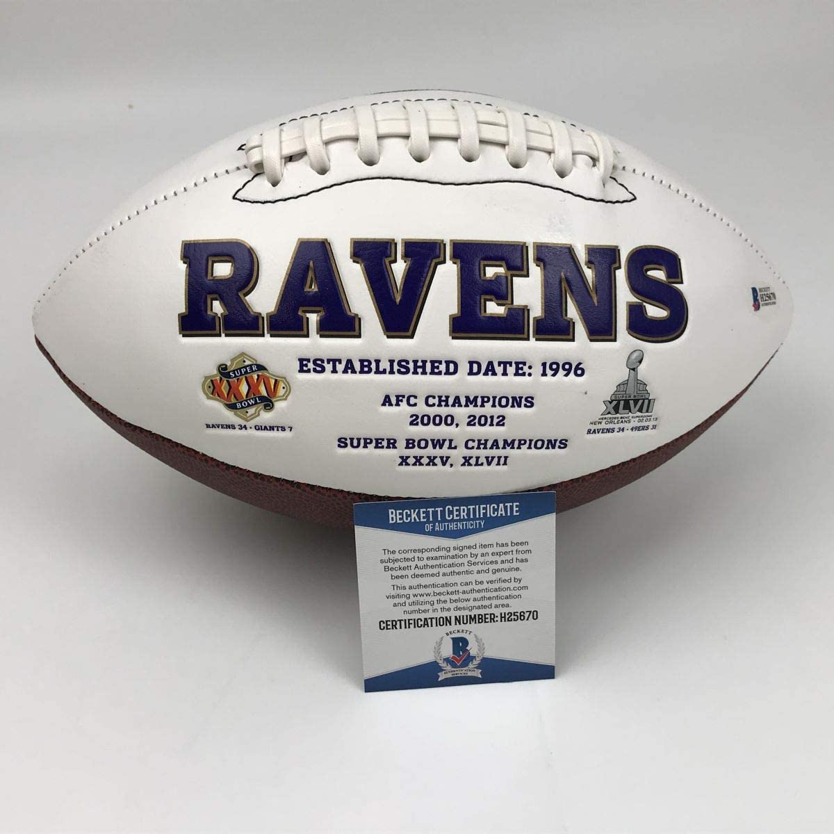 Autographed/Signed Ed Reed Baltimore Ravens FS White Panel Logo Football Beckett BAS COA