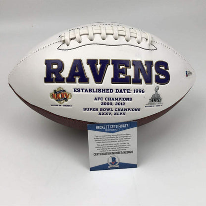 Autographed/Signed Ed Reed Baltimore Ravens FS White Panel Logo Football Beckett BAS COA
