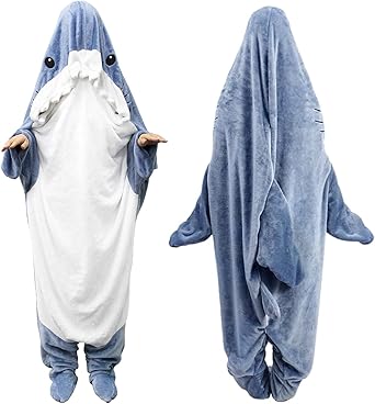 Shark Blanket Hoodie Onesie for Adult Kids, Cozy Fleece Shark Blanket Hoodie, Halloween Shark Cosplay Costume Women Men Kids