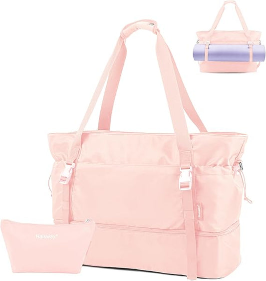 Gym Bag for Women Sports Travel Duffle Bag Tote Bag with Shoes Compartment and Wet Pocket, Yoga Mat Bag Overnight Weekender Bag (Pink)
