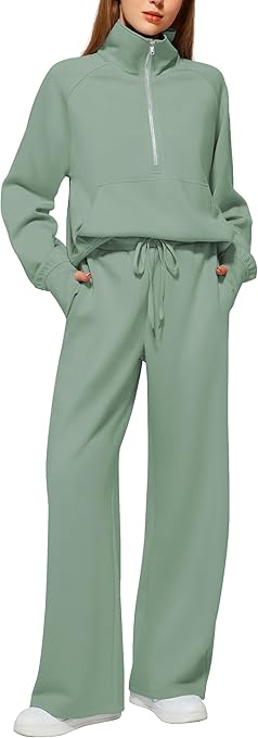 Women's 2 Piece Outfits Lounge Set 2025 Oversized Half Zip Sweatshirt Wide Leg Sweatpant Set Sweatsuit Tracksuit