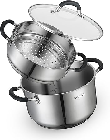 6 Quart Stainless Steel Stock Pot with Steamer, 6 Qt Multipurpose Stockpot with Stay-cool silicone Handle and Glass Lid, Soup Pot for Cooking
