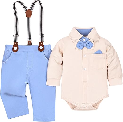Baby Boy Clothes Gentleman Outfits Infant Bodysuit Long Sleeve Shirt with Bowtie Suspender Pants Suits Set 0-18M